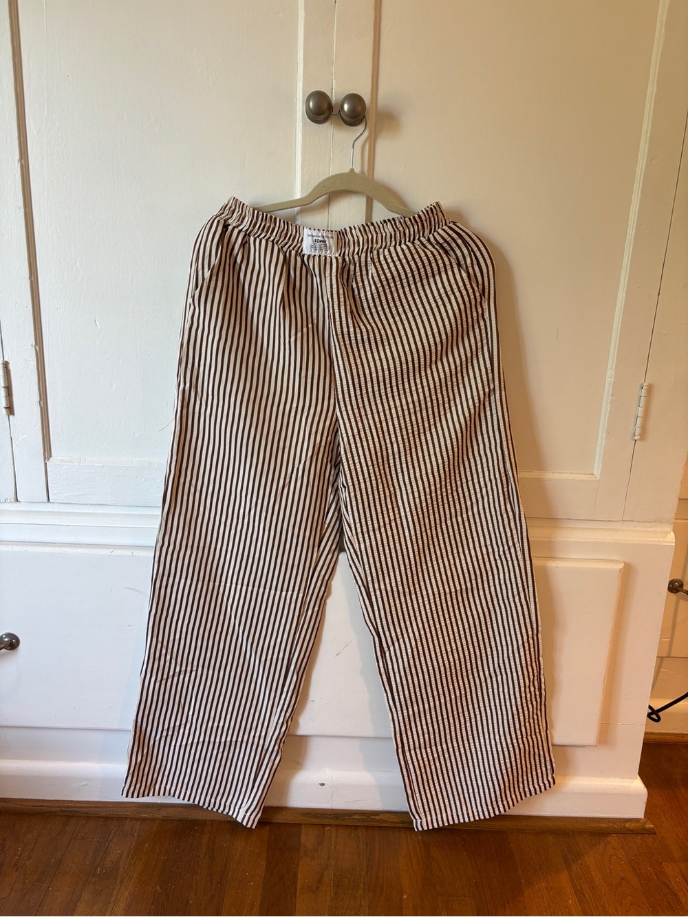 Cream and Brown Striped Elastic-Waist Pants